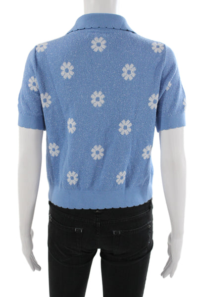 525 Womens Collared Floral Cardigan Blue Cotton Short Sleeve Size S