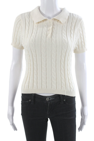 525 Womens Ivory Collared Polo Sweater Short Sleeve Button Preppy Size S