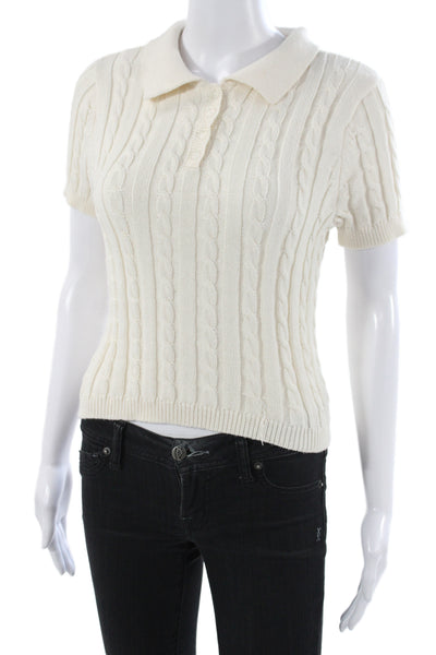 525 Womens Ivory Collared Polo Sweater Short Sleeve Button Preppy Size S