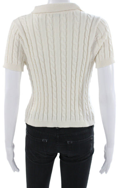 525 Womens Ivory Collared Polo Sweater Short Sleeve Button Preppy Size S