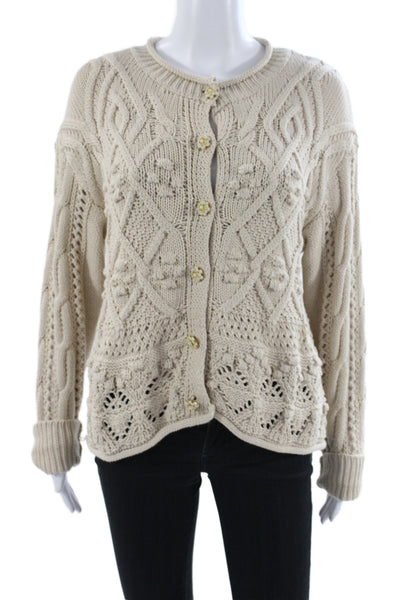 Heartloom Women Cardigan Beige Boho Long Sleeve Round Neck 50% Cotton Size M