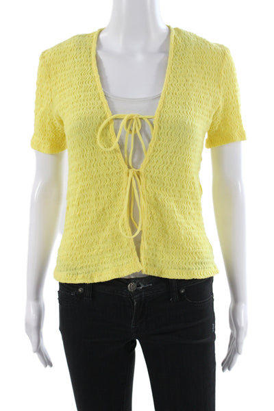 Zara Women Yellow Cardigan V-Neck Short Sleeve Polyester Casual Size S