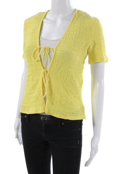 Zara Women Yellow Cardigan V-Neck Short Sleeve Polyester Casual Size S