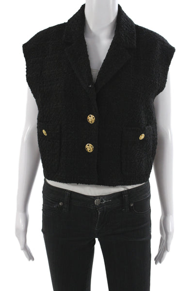 Zara Women Basic Jacket Black Viscose V-Neck Button Sleeveless Size S