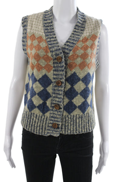 Re/Done Women Argyle Linen V-Neck Sleeveless Sweater Vest Beige Size S