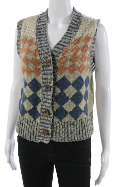 Re/Done Women Argyle Linen V-Neck Sleeveless Sweater Vest Beige Size S