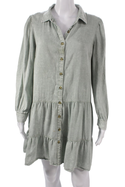 Billy T Women Collared Green Lyocell Shirt Dress Long Sleeve Size M