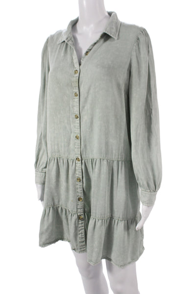 Billy T Women Collared Green Lyocell Shirt Dress Long Sleeve Size M