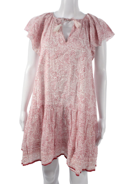 Cleobella Womens Red Paisley V-Neck Mini Dress Boho Short Sleeve Size M