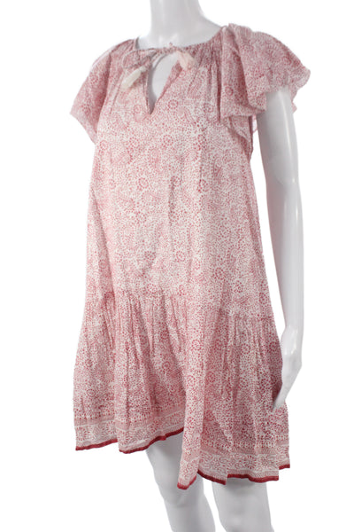 Cleobella Womens Red Paisley V-Neck Mini Dress Boho Short Sleeve Size M