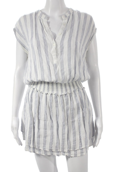 Rails Women Blouson Striped Linen Henley Short Sleeve Dress Blue Size M