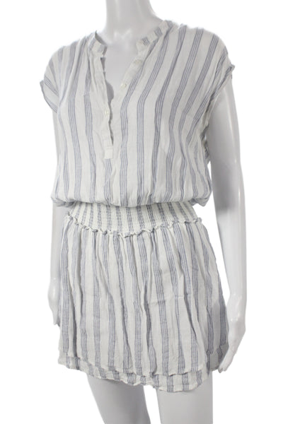 Rails Women Blouson Striped Linen Henley Short Sleeve Dress Blue Size M