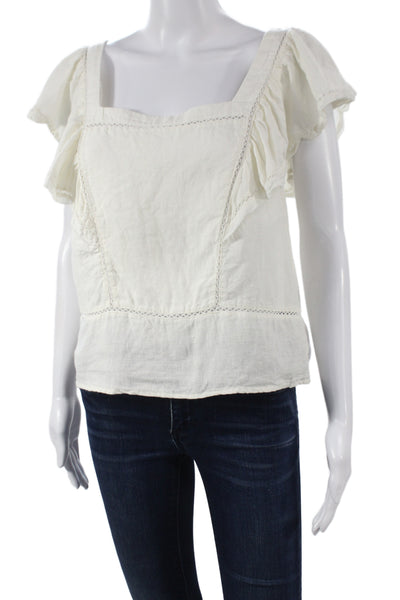 Faherty Women Linen Square Neck Short Sleeve Bohemian Blouse Size M