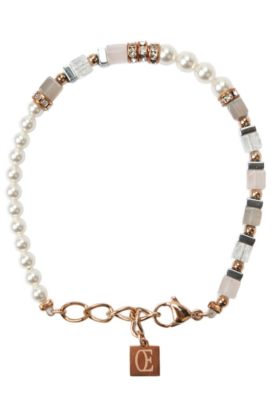 Coeur De Lion Womens Rose Gold Tone Faux Pearl/Crystal/Quartz Bracelet 7"