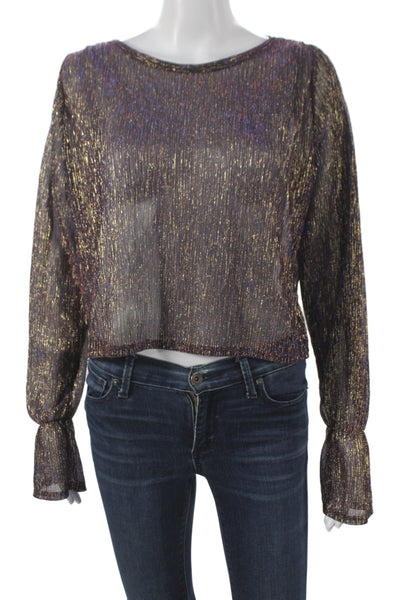 Zara Women Cropped Metallic Gold Blouse Boat Neck Long Sleeve Pullover Size S