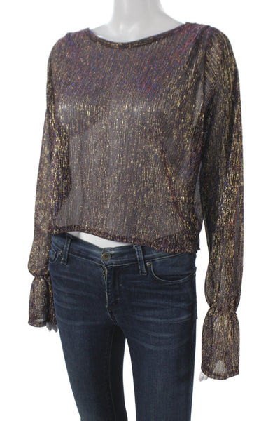 Zara Women Cropped Metallic Gold Blouse Boat Neck Long Sleeve Pullover Size S