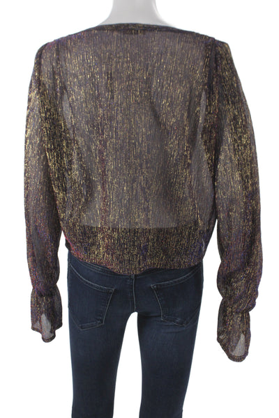 Zara Women Cropped Metallic Gold Blouse Boat Neck Long Sleeve Pullover Size S