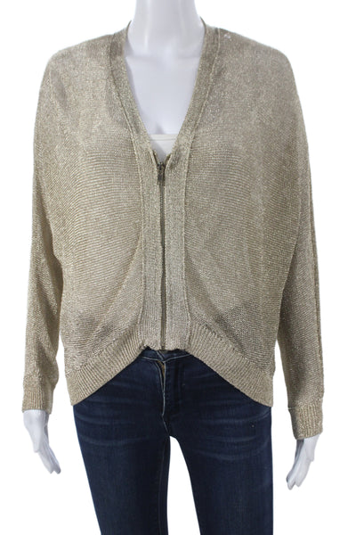 Zara Womens Metallic Gold V Neck Zipper Cardigan Long Sleeve Size M