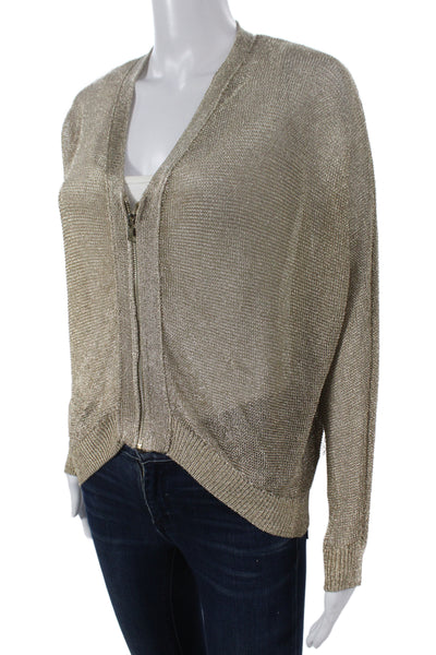 Zara Womens Metallic Gold V Neck Zipper Cardigan Long Sleeve Size M