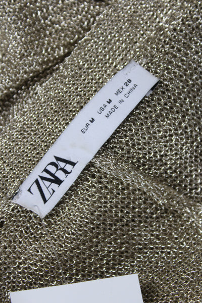 Zara Womens Metallic Gold V Neck Zipper Cardigan Long Sleeve Size M