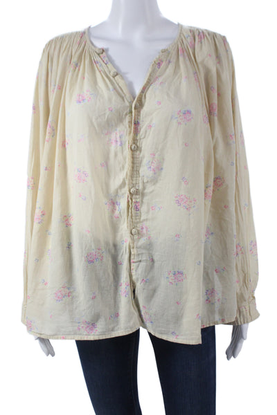 Laurence Bras Women Floral V-Neck Tunic Blouse Beige 3/4 Sleeve Cotton Size S