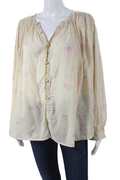 Laurence Bras Women Floral V-Neck Tunic Blouse Beige 3/4 Sleeve Cotton Size S