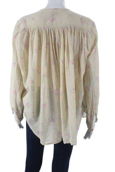 Laurence Bras Women Floral V-Neck Tunic Blouse Beige 3/4 Sleeve Cotton Size S