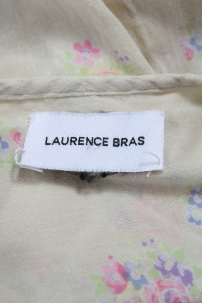 Laurence Bras Women Floral V-Neck Tunic Blouse Beige 3/4 Sleeve Cotton Size S