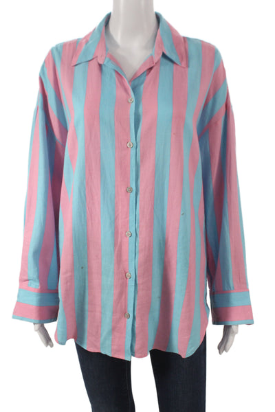 Zara Women Basic Blue Striped Collared Long Sleeve Button-Up Linen Size S