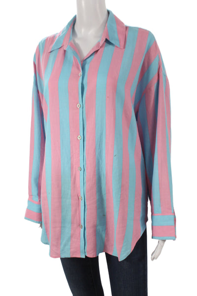 Zara Women Basic Blue Striped Collared Long Sleeve Button-Up Linen Size S