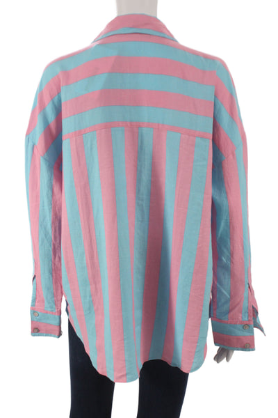Zara Women Basic Blue Striped Collared Long Sleeve Button-Up Linen Size S