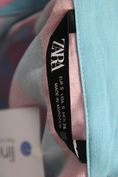 Zara Women Basic Blue Striped Collared Long Sleeve Button-Up Linen Size S