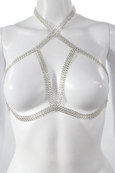 Luv AJ Womens Silver Tone Chainmail Bra Body Chain OS