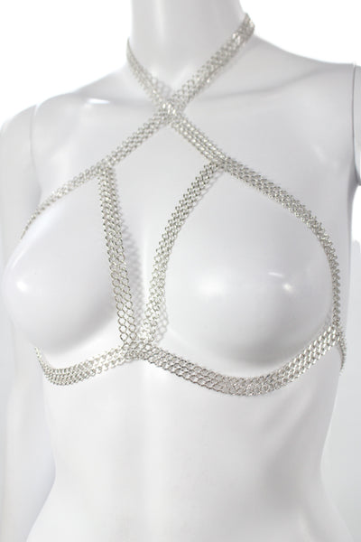 Luv AJ Womens Silver Tone Chainmail Bra Body Chain OS