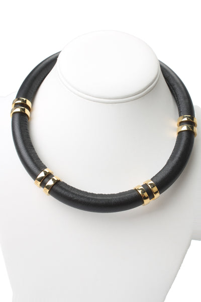 Lizzie Fortunato Womens Gold Tone Black Leather Double Take Necklace 18"