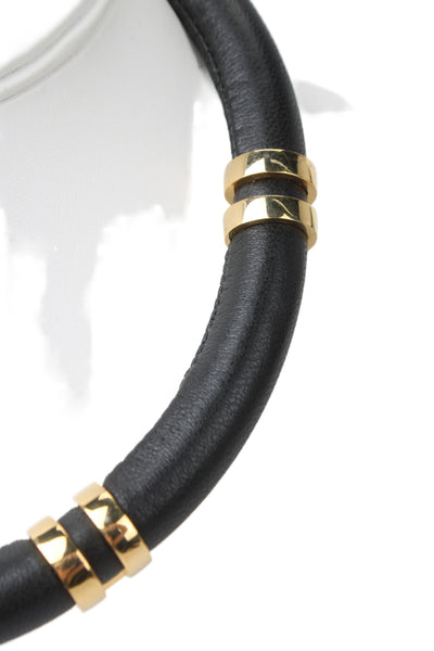 Lizzie Fortunato Womens Gold Tone Black Leather Double Take Necklace 18"