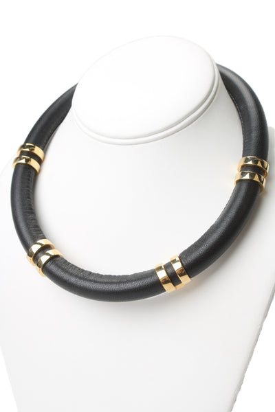 Lizzie Fortunato Womens Gold Tone Black Leather Double Take Necklace 18"