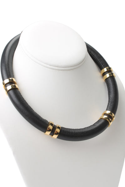 Lizzie Fortunato Womens Gold Tone Black Leather Double Take Necklace 18"
