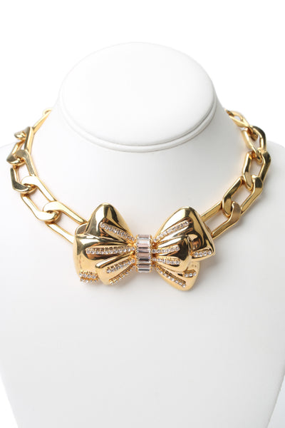 Alessandra Rich Womens Gold Tone Rhinestone Bow Statement Necklace 17"