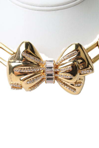 Alessandra Rich Womens Gold Tone Rhinestone Bow Statement Necklace 17"