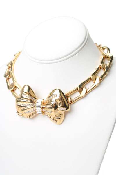 Alessandra Rich Womens Gold Tone Rhinestone Bow Statement Necklace 17"