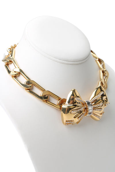 Alessandra Rich Womens Gold Tone Rhinestone Bow Statement Necklace 17"