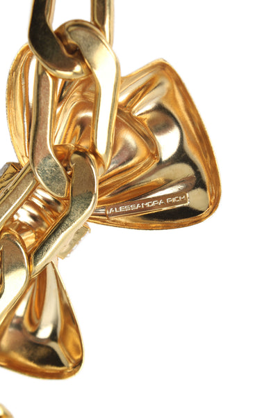 Alessandra Rich Womens Gold Tone Rhinestone Bow Statement Necklace 17"