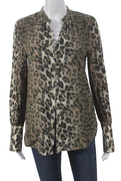 Joie Women Basic Animal Print Henley Button Long Sleeve Viscose Blouse Size XS