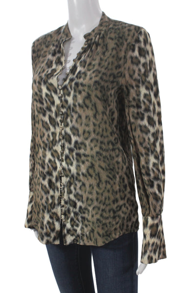 Joie Women Basic Animal Print Henley Button Long Sleeve Viscose Blouse Size XS