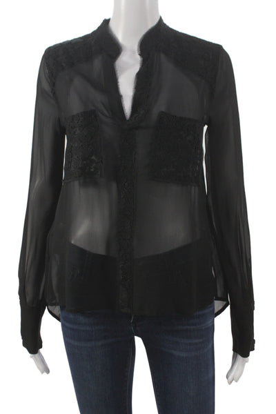 BCBGMAXAZRIA Womens Black Silk V-Neck Tunic Blouse Long Sleeve Size XS