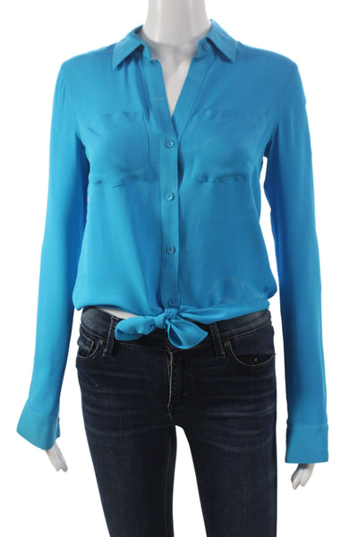 Theory Womens Cropped Silk Collared Button Long Sleeve Blouse Blue Size PP