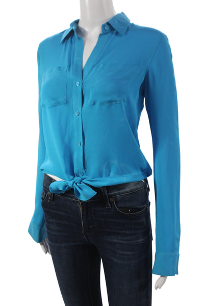 Theory Womens Cropped Silk Collared Button Long Sleeve Blouse Blue Size PP