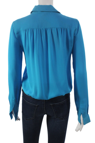 Theory Womens Cropped Silk Collared Button Long Sleeve Blouse Blue Size PP