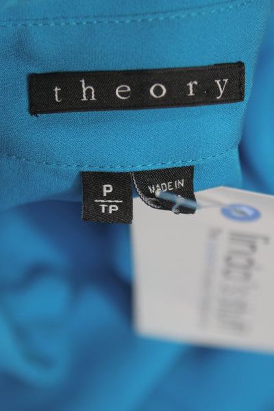 Theory Womens Cropped Silk Collared Button Long Sleeve Blouse Blue Size PP